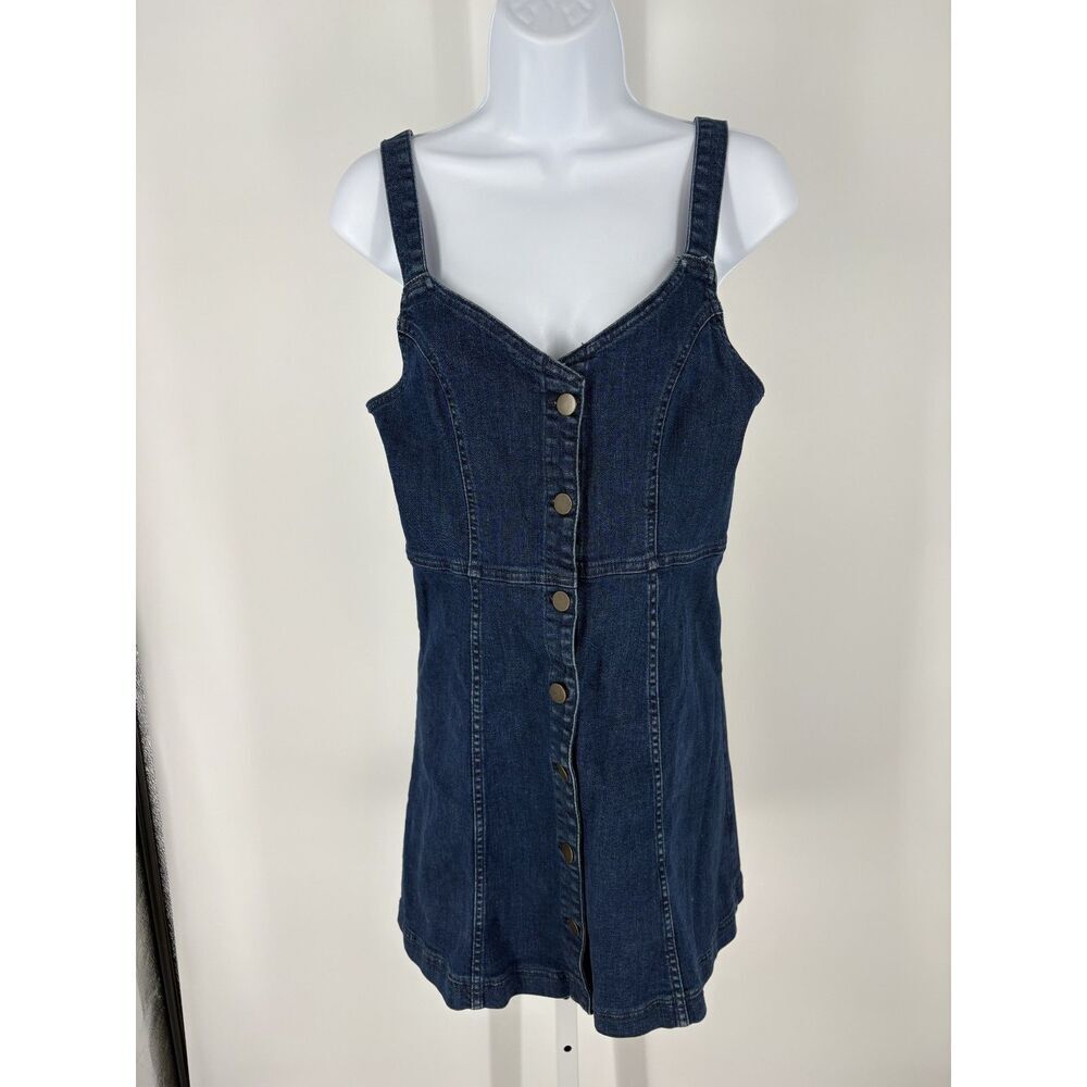 Denim Button Front Mini Dress | Sleeveless Jean Dress Adjustable Strap Casual - Picture 2 of 6
